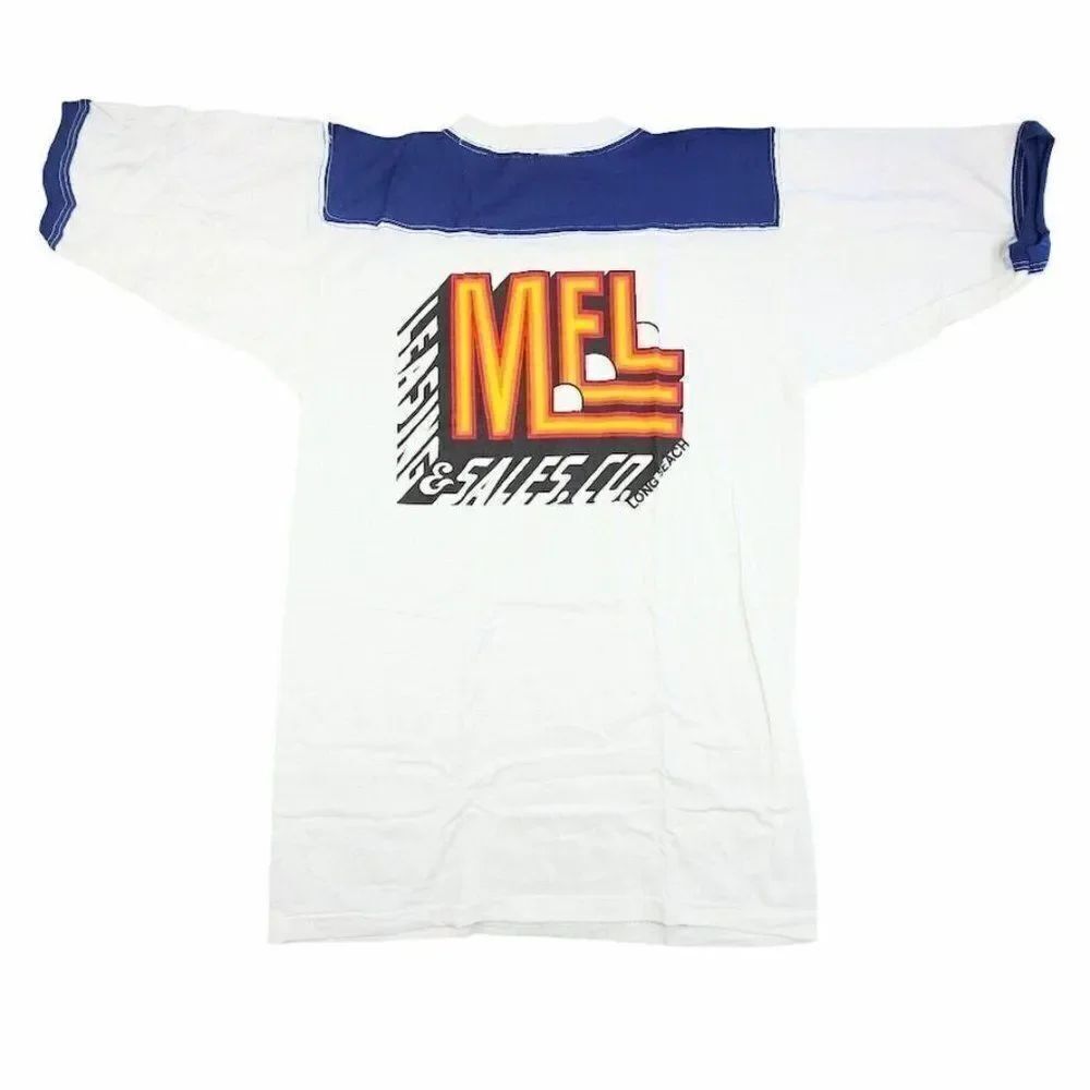 Vintage MEL Long Beach T Shirt Mens Size Small Blue 80s Ringer Tee Made In USA